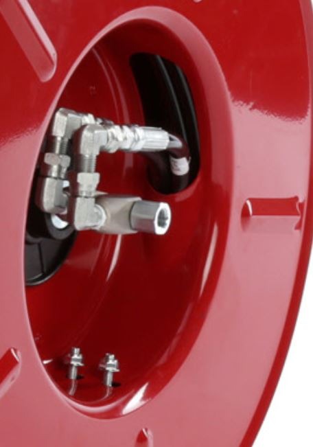 En röd Slangupprullare ATH5400 - för Hydraulik Ø1/4" - 8m tvillingslang brandsläckare med en slang fäst på.