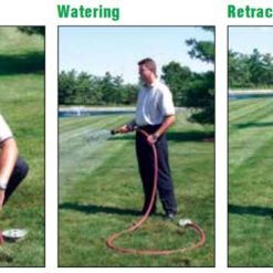 Fyra bilder på en man som använder DBG-Kabinett underjord för att vattna sin gräsmatta.