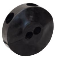 En svart plastknopp med två hål på vit bakgrund som kallas Slangstopp för Ø1/4" tvillingslang UTV Ø13,5.