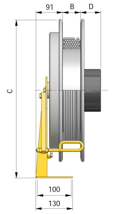 Ett diagram som visar dimensionerna på Serie 500 -Kabelvinda 20m 1x16mm² remskiva.