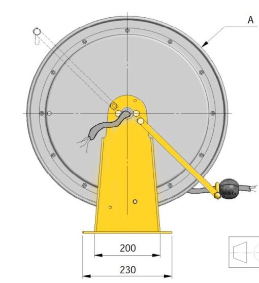 En ritning av en CR500 -Kabelvinda 10m 1x16mm² med gult handtag.