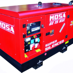 En röd Kraftverk GE15YSX Elverk 15kVA 400V/6,5kVA 230V Yanmar generator med ordet nosa på.