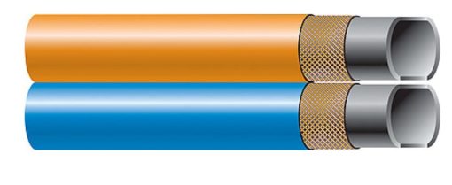 Två blå och orange slangar, inklusive Svets/Gas slang -20 bar - Ø6,3 orange/blå OX/Propan - ISO 3821 (EN 559), på vit bakgrund.