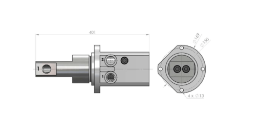 En ritning som visar måtten på en metallventil med Svivel 2ports Ø1" BSP IN/UT-350Bar detaljer.