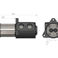 En ritning av ett kontaktdon för en elmotor, med en Svivel 2ports Ø3/4