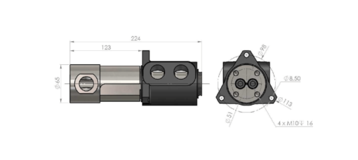 En ritning av ett kontaktdon för en elmotor, med en Svivel 2ports Ø3/4" BSP - 300Bar-design som kan motstå tryck upp till 300Bar.