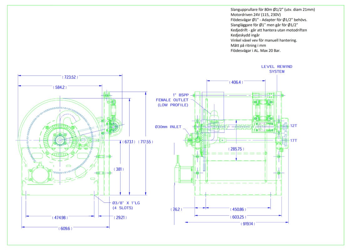 En schematisk bild som visar specifikationer och mått för en maskin, inklusive slangupprullare med en diameter på Ø2".