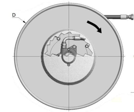 Ett diagram som visar positionen för en metallskiva med en pil som pekar i pilens riktning på en Slangupprullare för trillingslang Ø3/8" 5,6m.