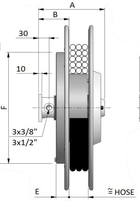 Ett diagram som visar måtten på en Slangupprullare för trillingslang Ø3/8" 5,6m remskiva.